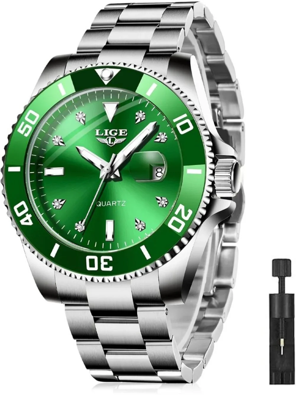 Men's Silver Green Quartz Analog Stainless Steel Waterproof Date Wrist Watch